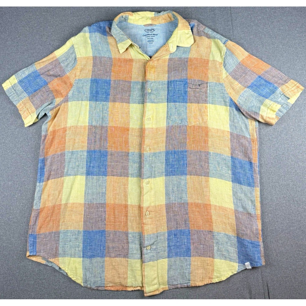 CHAPS Coastland Wash Linen Blend Plaid Shirt Men's XLT Tall Short Sleeve Blue